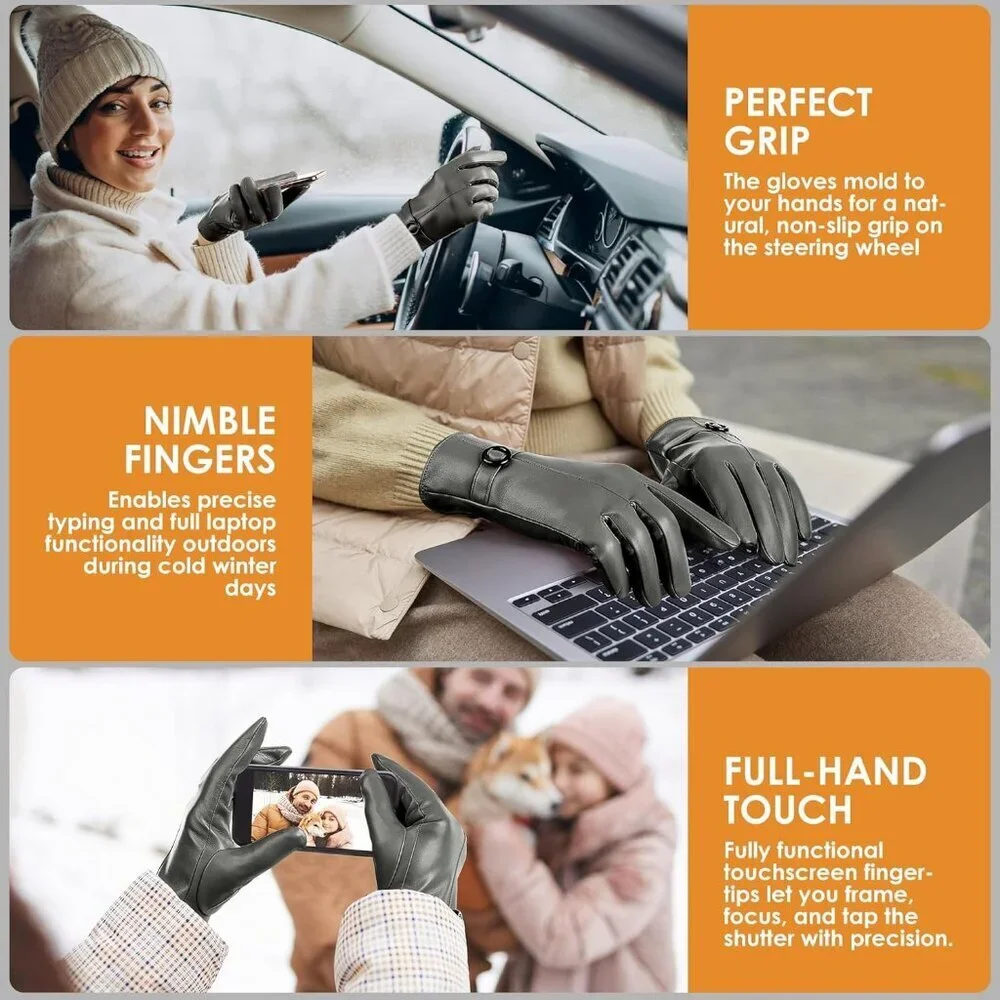Women's Green Lambskin Leather Gloves Warm Touchscreen Winter Driving Gift